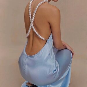 Meshki Satin Backless Slip Dress in Light Blue with Pearl Straps
